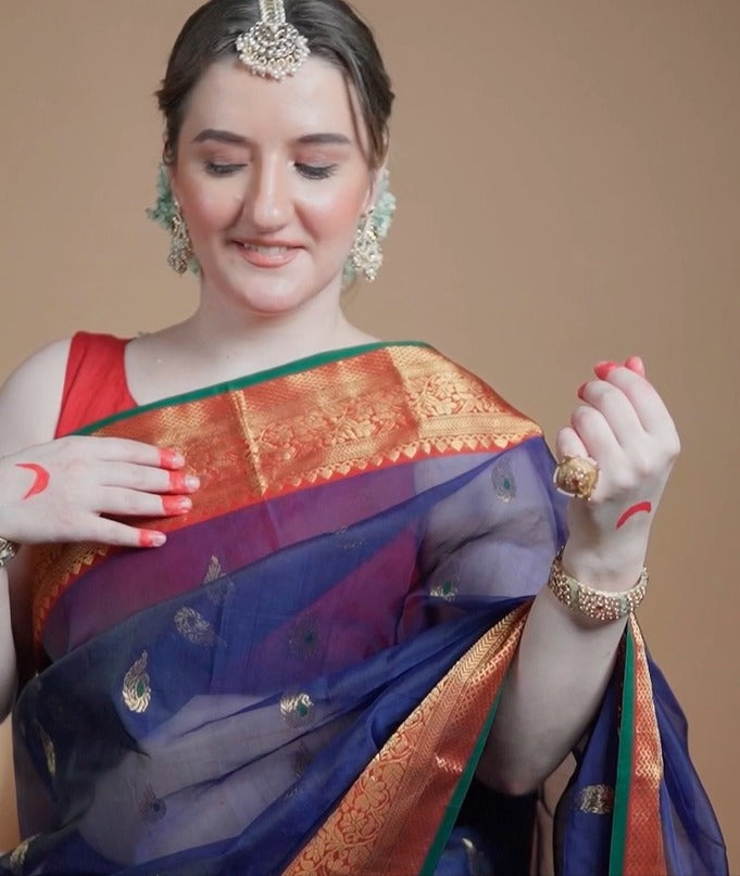 Neel Gulab katan silk chanderi