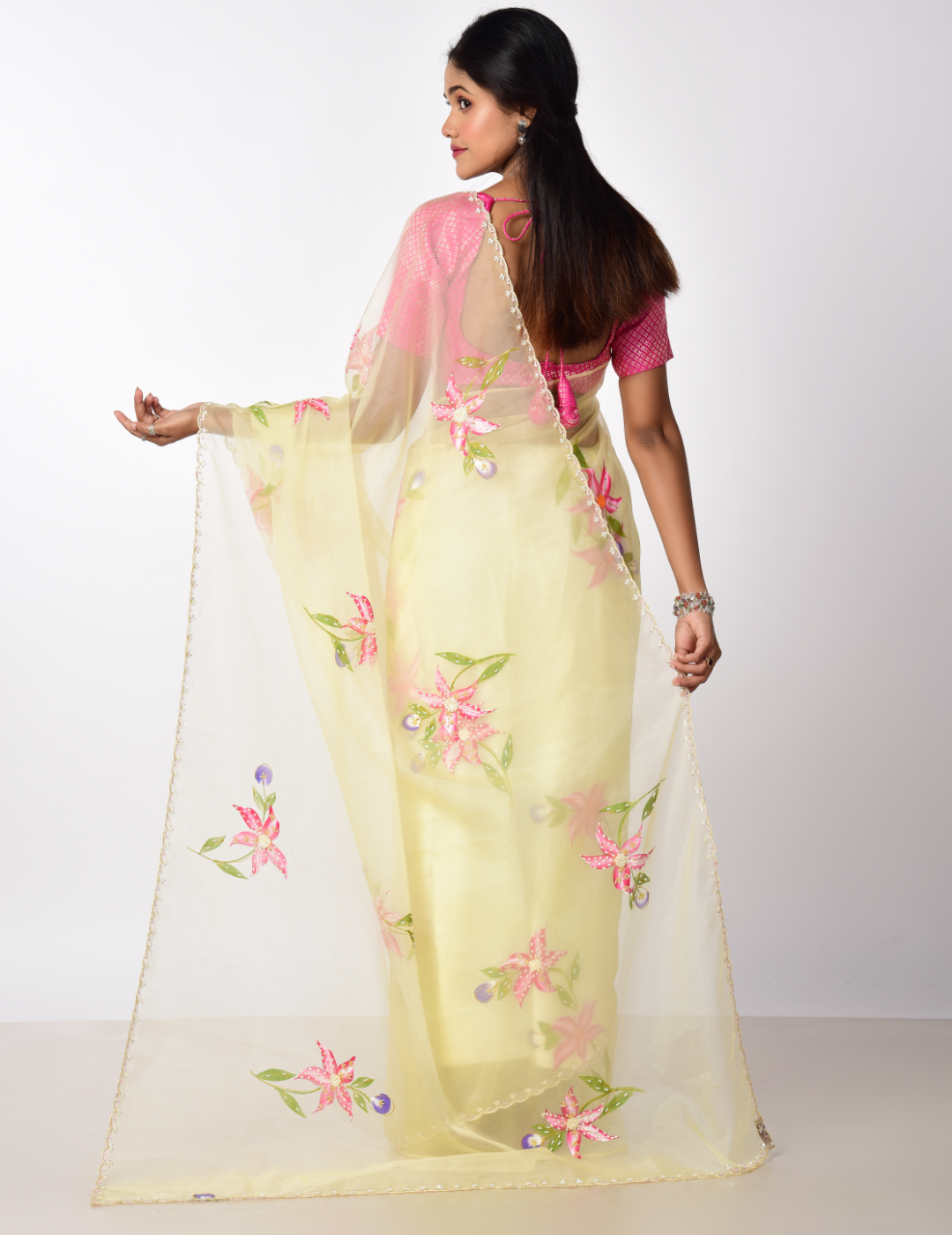 PHOOL Hand painted Organza saree with katdana work