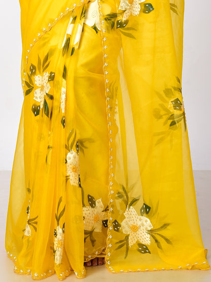PILI PHOOL hand painted Organza with katdana work