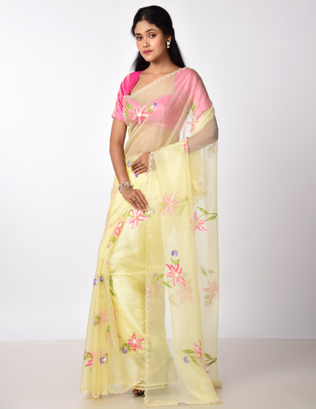 PHOOL Hand painted Organza saree with katdana work