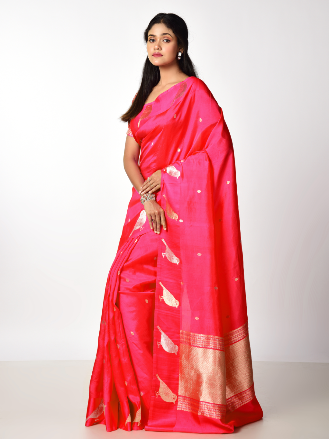 Gulnaar Pure katan silk/ silk single bird butta border