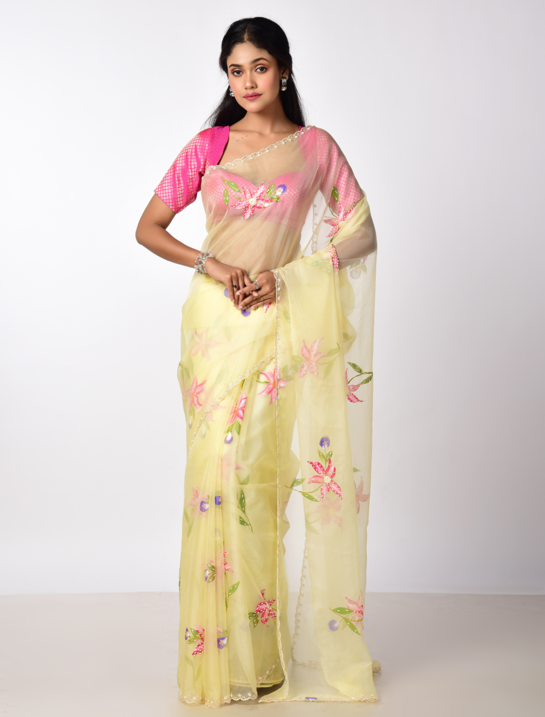 PHOOL Hand painted Organza saree with katdana work